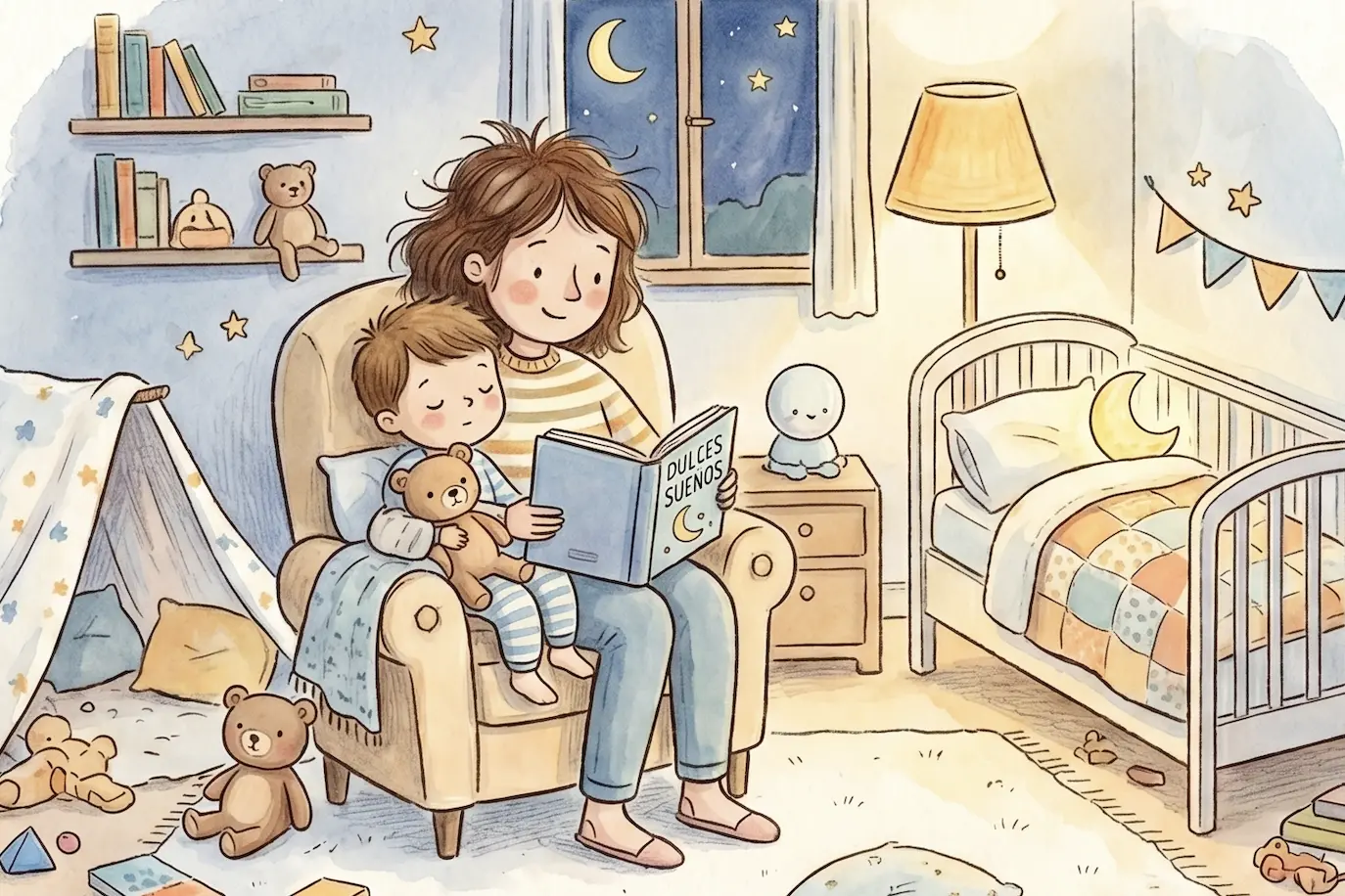 Niño despierto en la cama que no quiere dormir