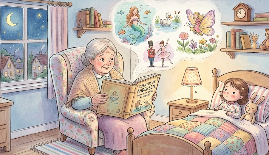 Abuela leyendo cuentos de Andersen a una niña antes de dormir