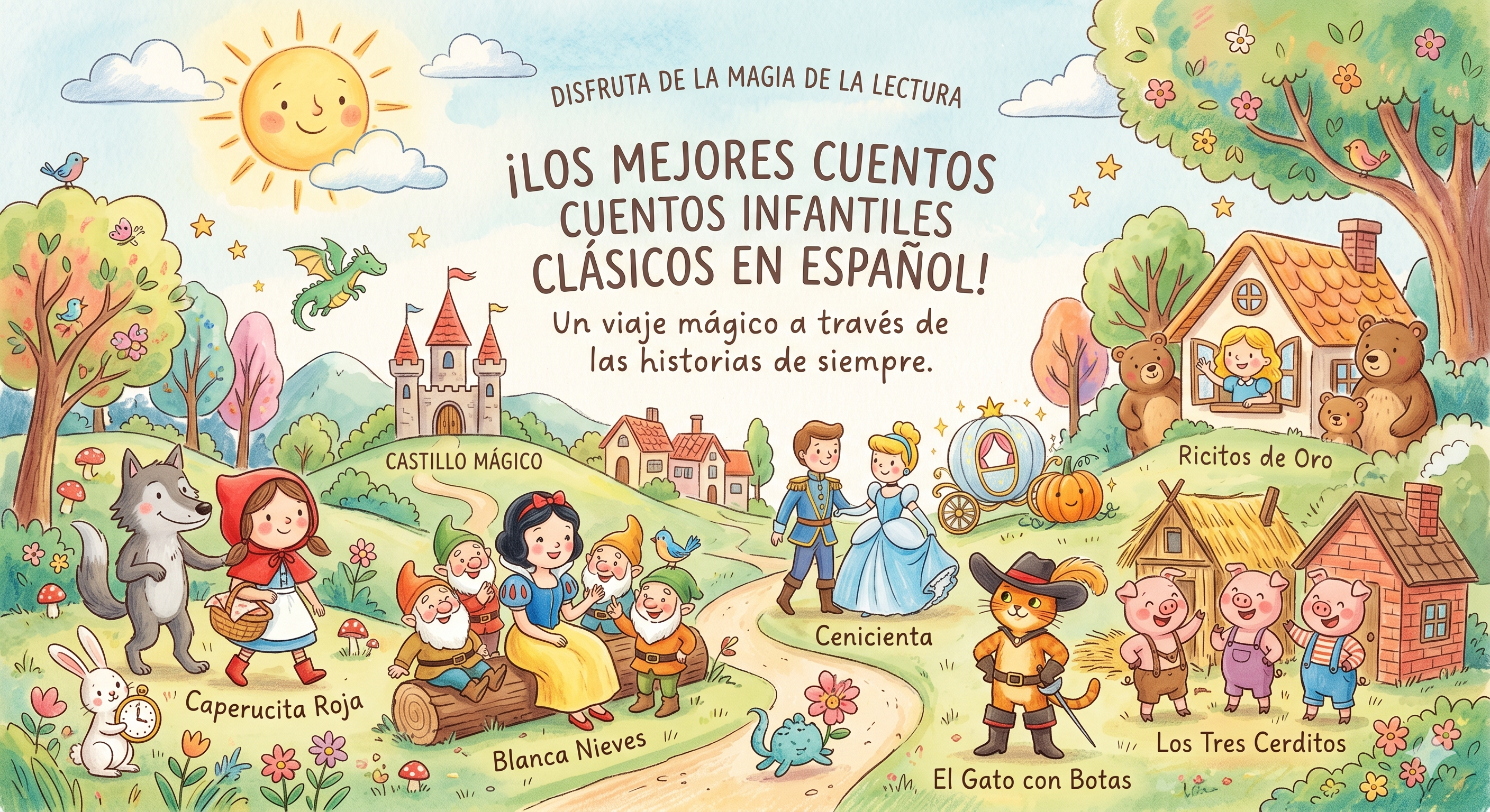 Ilustración de los personajes de los cuentos clásicos infantiles: Caperucita Roja, Blanca Nieves, Cenicienta, Ricitos de Oro, El Gato con Botas y los Tres Cerditos