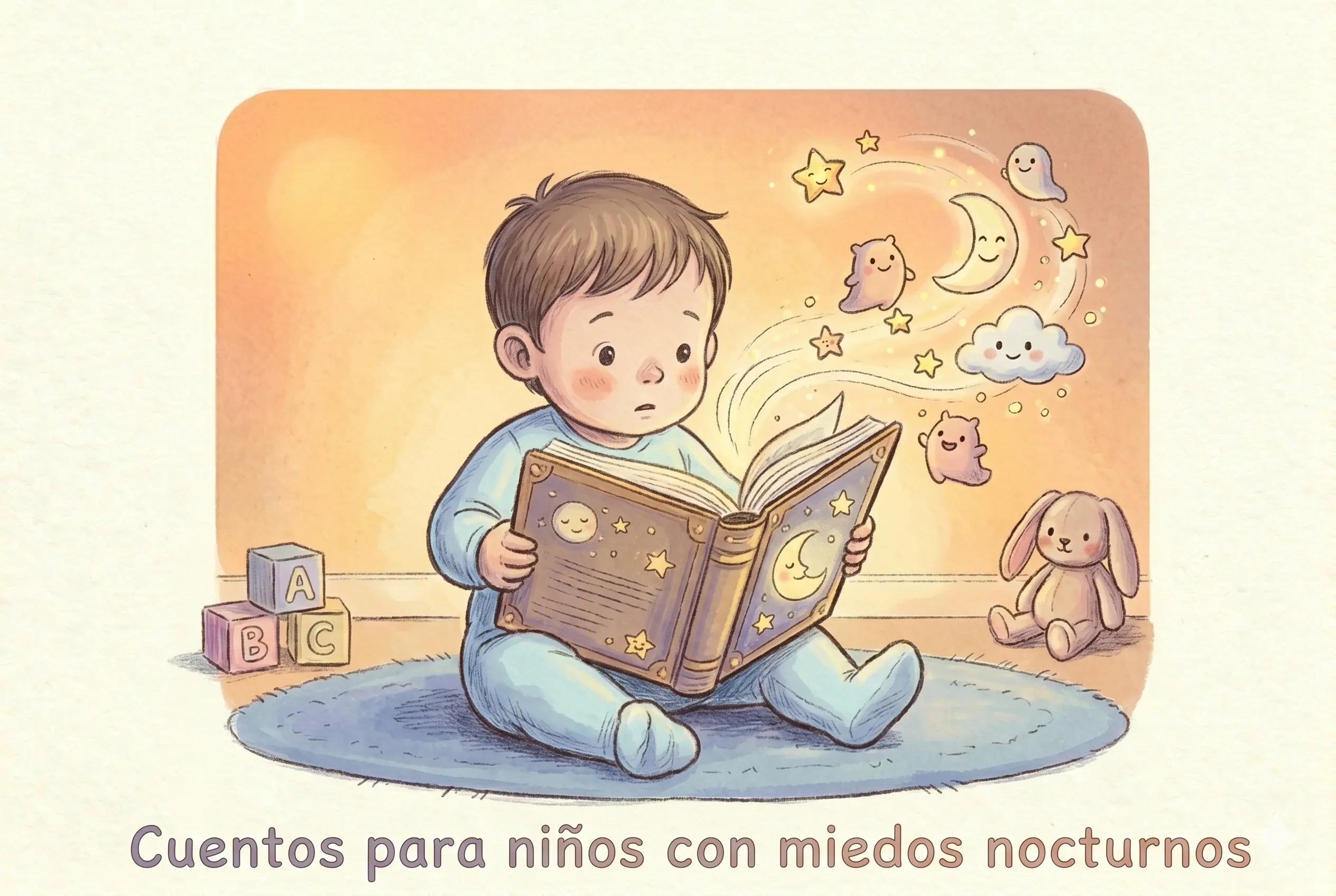 Niño leyendo un cuento mágico con fantasmas y estrellas amigables