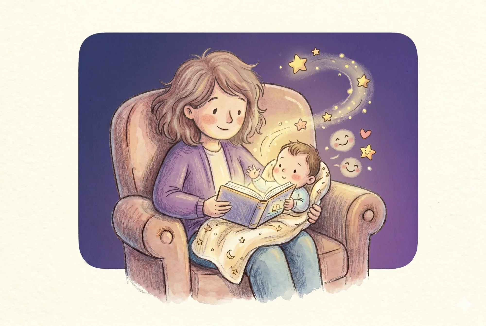 Madre leyendo un cuento a su bebé en un sillón