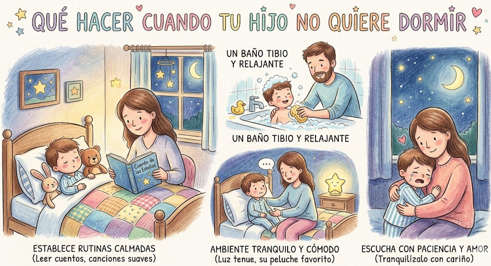 Cuatro estrategias para cuando tu hijo no quiere dormir: rutinas calmadas, baño tibio, ambiente tranquilo y paciencia con amor